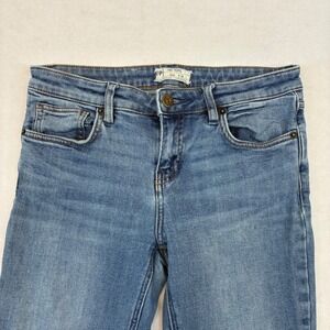 Free People Jeans Women 28 Blue Straight Leg Raw Hem Side Slit Medium Wash Denim